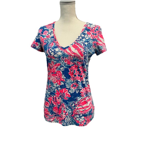 Lilly Pulitzer Michele V-neck Tee Shirt Bay Blue Pop Pop size S - Picture 1 of 7